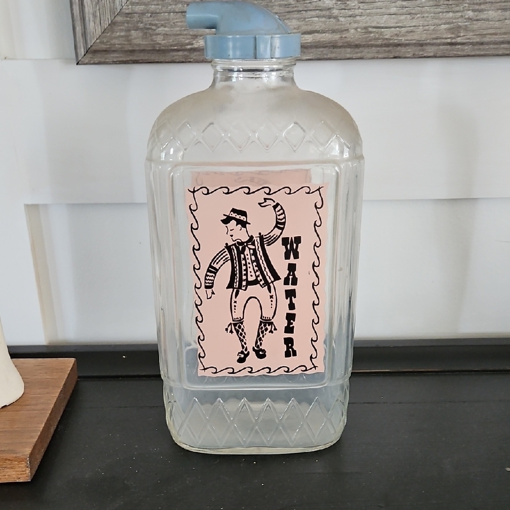 Vintage Glass Water Jug with Pink Label